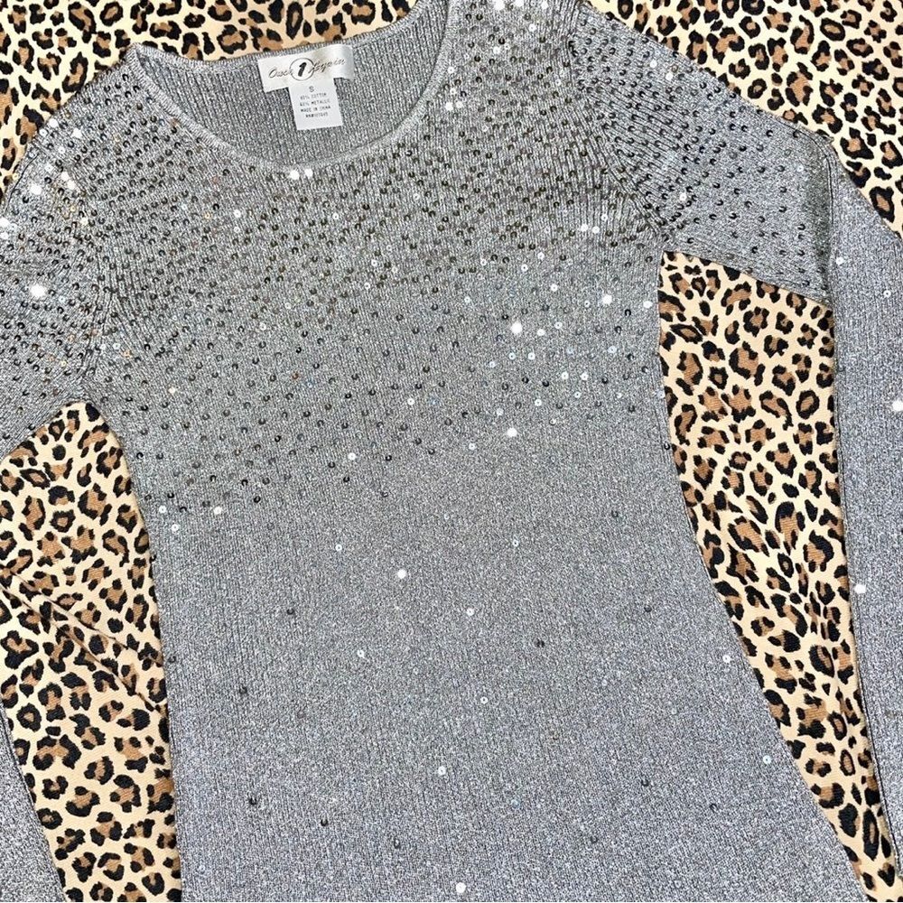 Vintage Sweater Sequin Silver Ribbed Disco Rave Streetwear Maximalist Festive